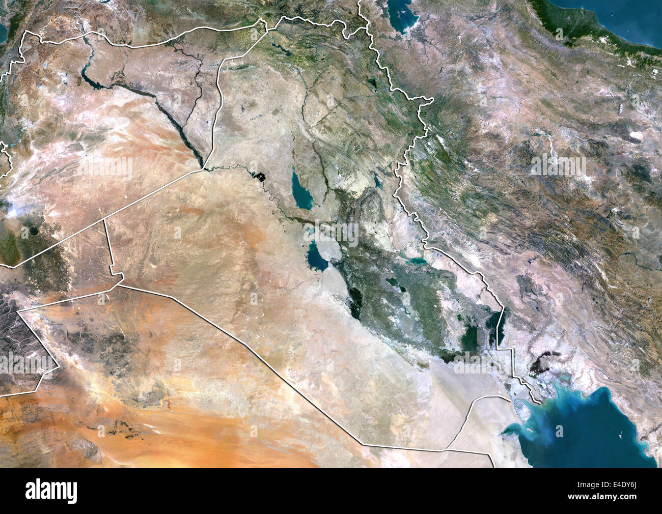 Iraq, True Colour Satellite Image With Border Stock Photo