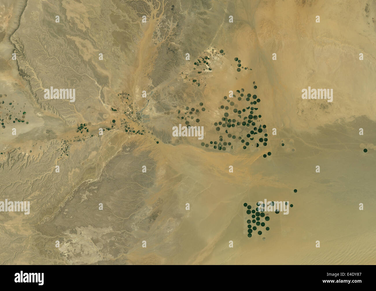 Agriculture In The Desert, Al Sulail, South Part Of The Riyadh Province, Saudi Arabia, True Colour Satellite Image. True colour Stock Photo