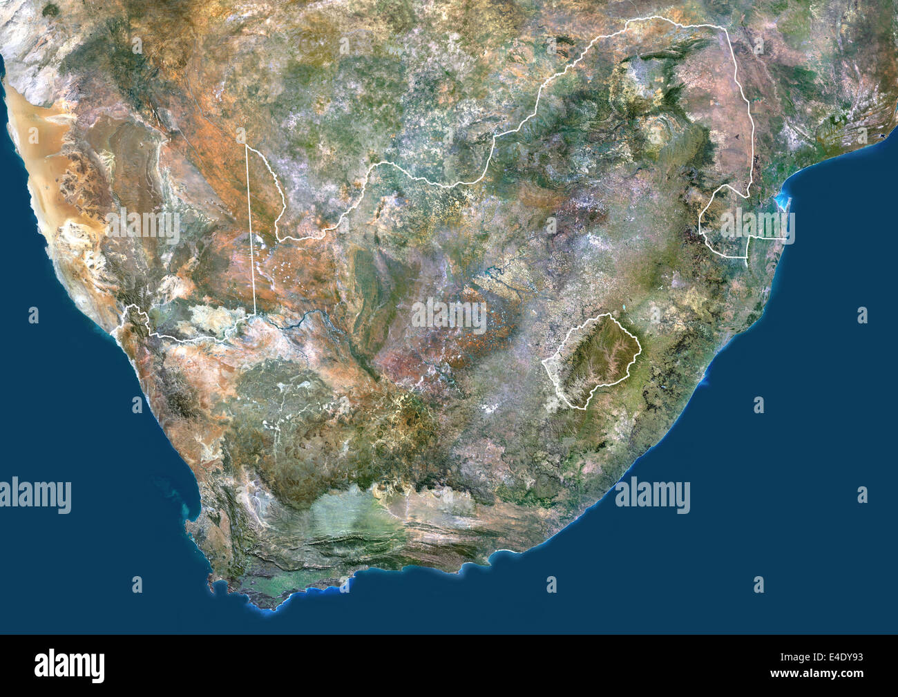 South Africa, True Colour Satellite Image With Border. South Africa, true colour satellite image with border. This image was com Stock Photo