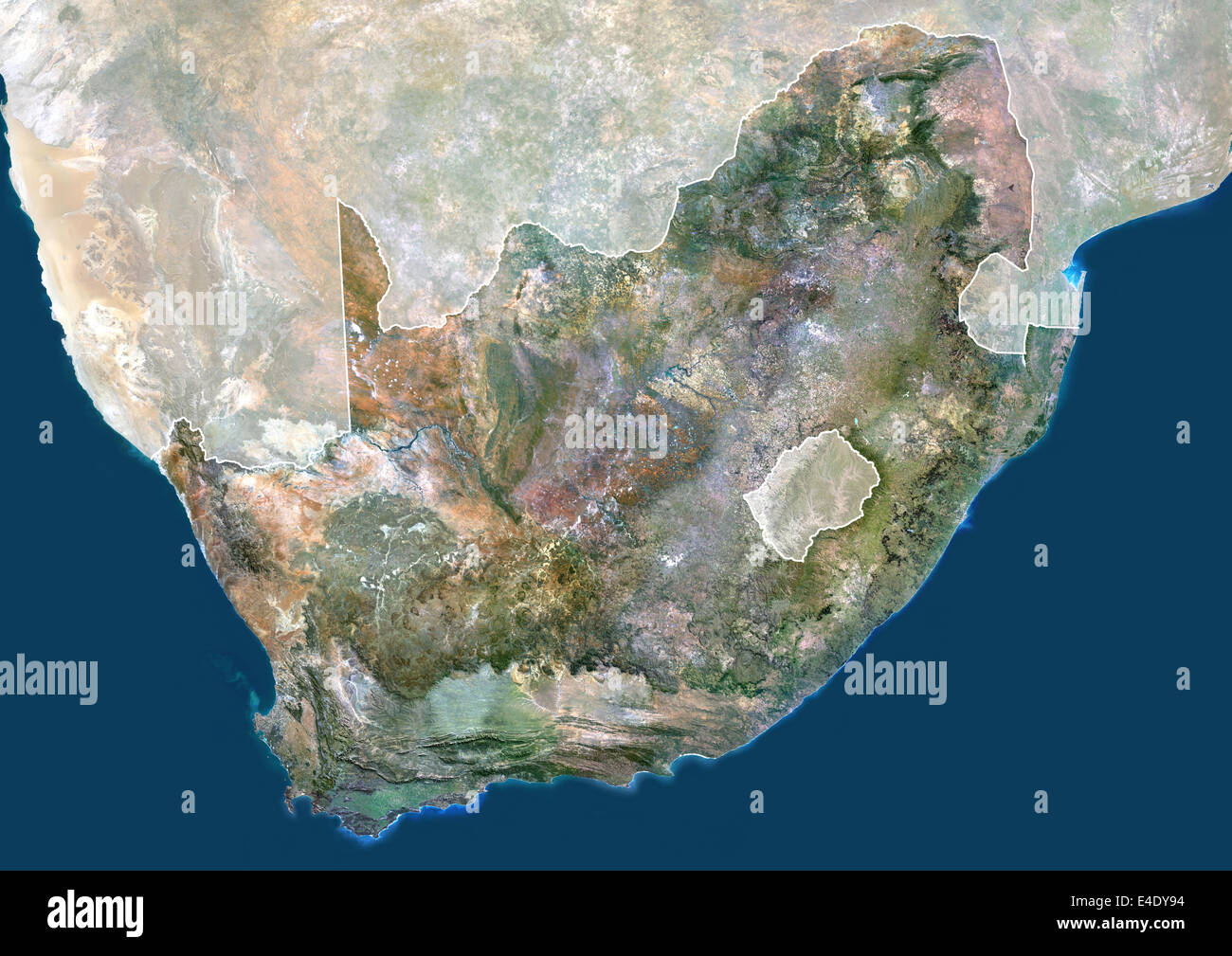 South Africa, True Colour Satellite Image With Mask And Border. South Africa, true colour satellite image with mask and border. Stock Photo