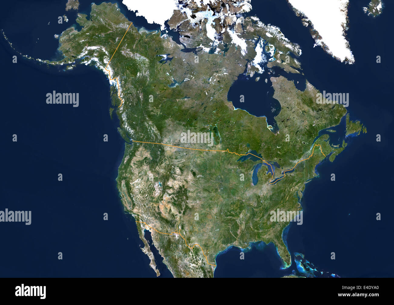United States (Alaska Incl.), True Colour Satellite Image With Border. USA (Alaska incl.) and Canada, true colour satellite imag Stock Photo