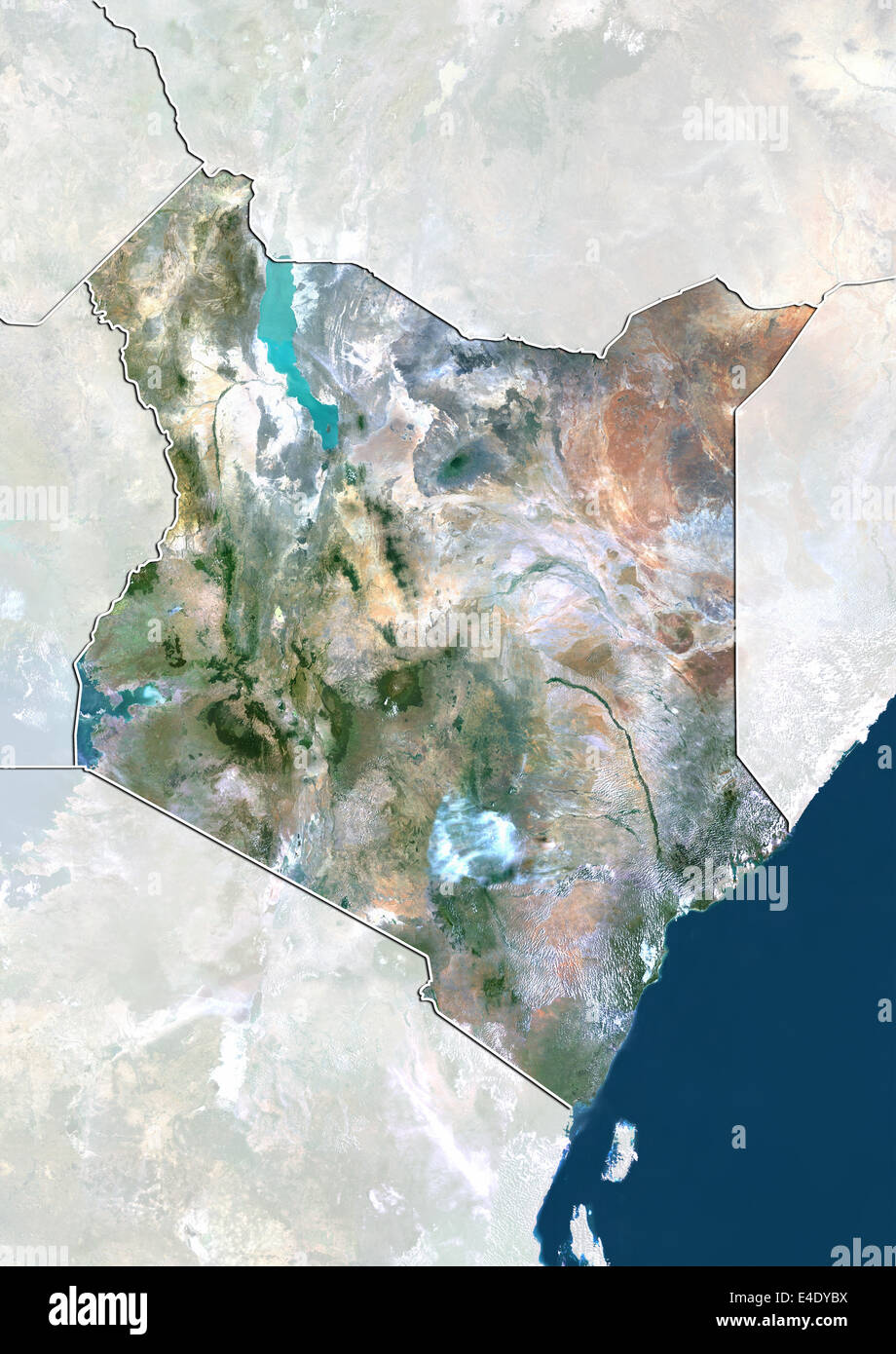 Kenya, True Colour Satellite Image With Border and Mask Stock Photo