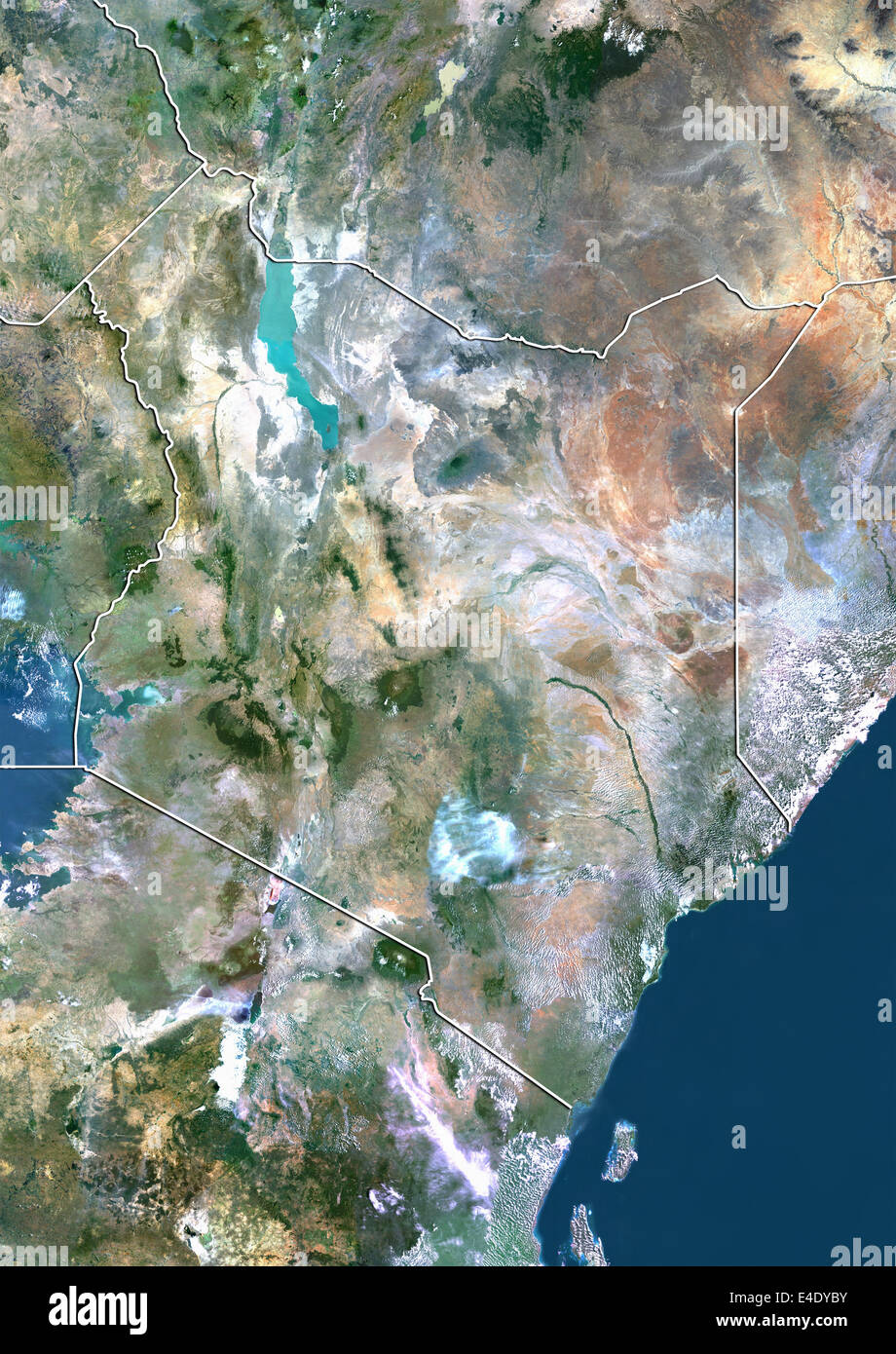 Kenya, True Colour Satellite Image With Border Stock Photo