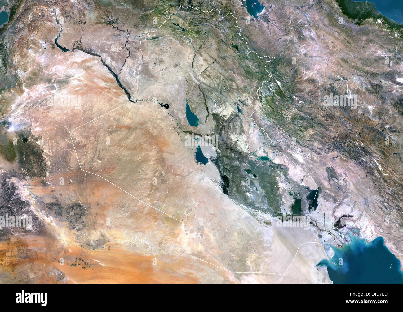 Iraq, True Colour Satellite Image With Border. Iraq, true colour satellite image with border. North is at top. Iraq comprises a Stock Photo