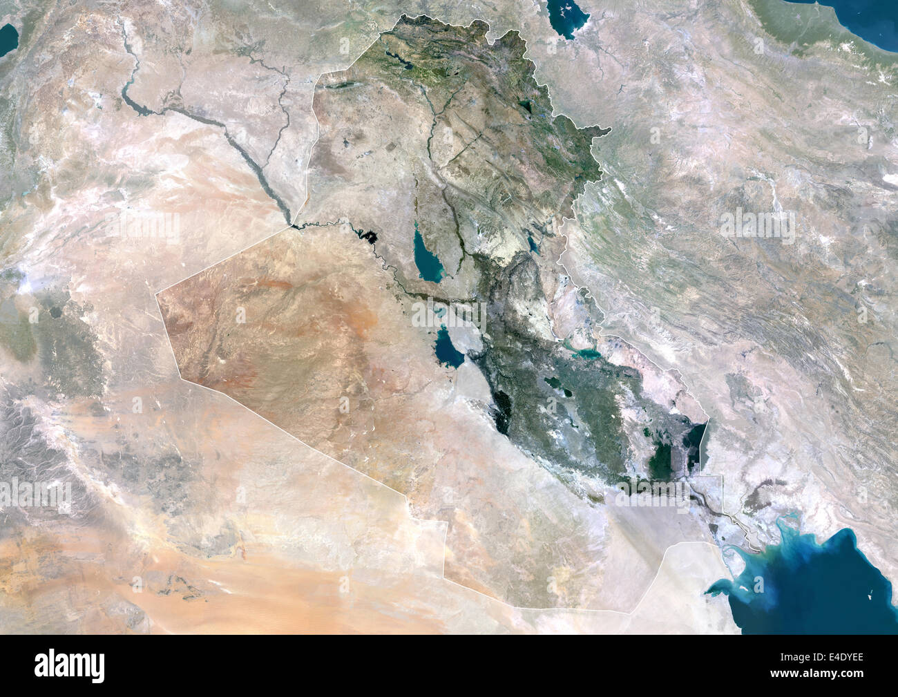 Iraq, True Colour Satellite Image With Mask And Border. Iraq, true colour satellite image with mask and border. North is at top. Stock Photo