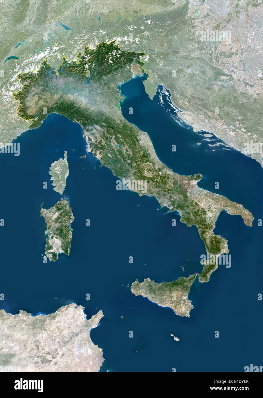 Italy, True Colour Satellite Image With Mask And Border. Italy, true colour satellite image with mask and border. Italy comprise Stock Photo