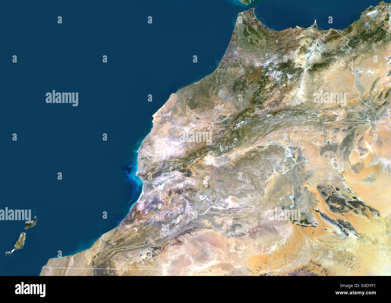 Morocco, True Colour Satellite Image With Border. Morocco. True colour satellite image of Morocco, with border. The Strait of Gi Stock Photo