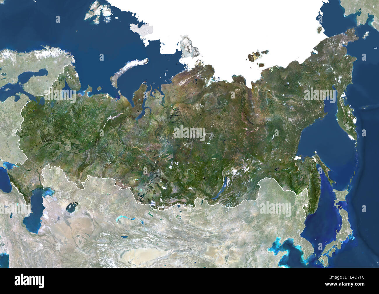 Russia, True Colour Satellite Image With Mask And Border. Russia, true colour satellite image with mask and border. Composite im Stock Photo