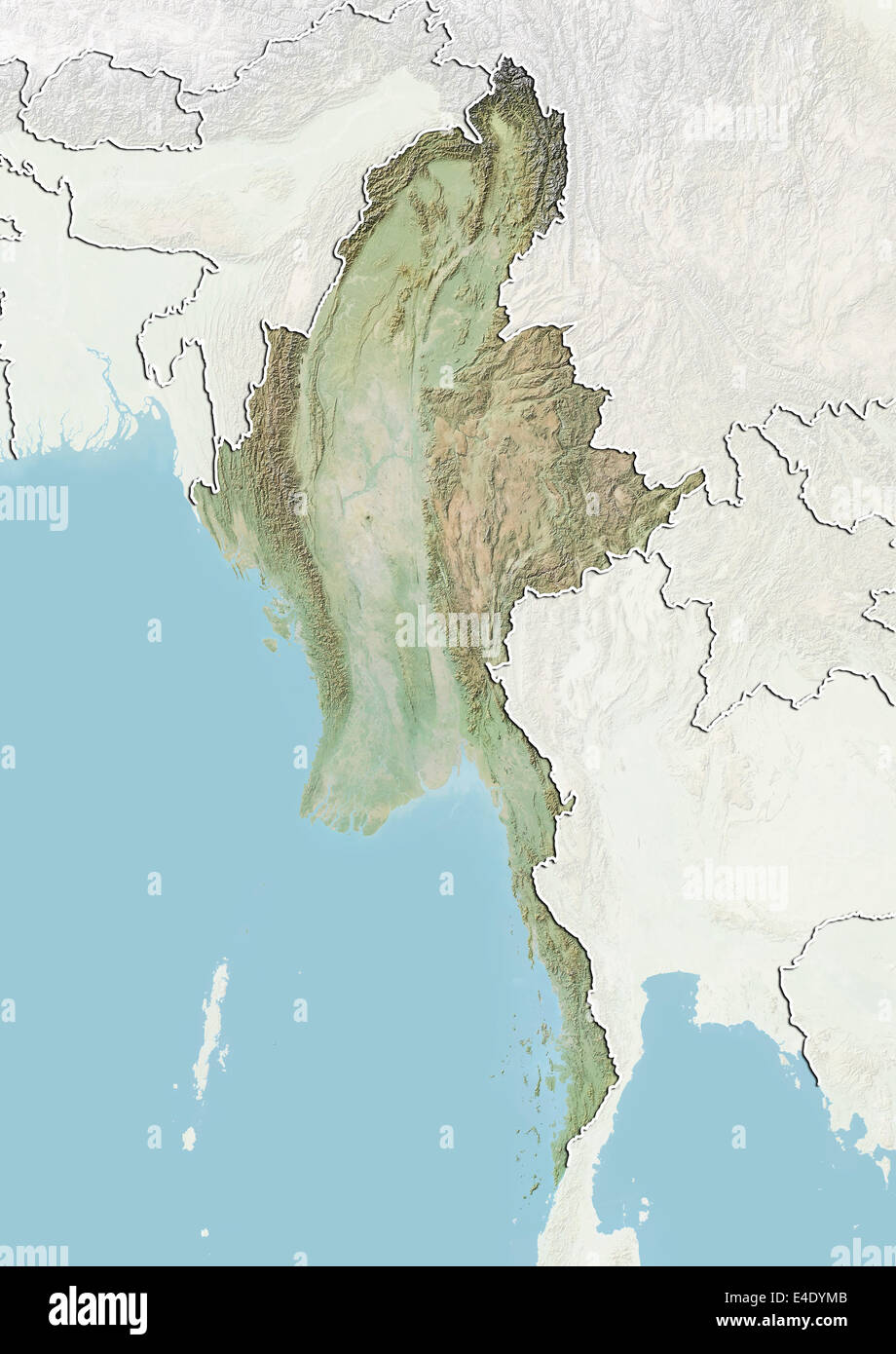 Myanmar, Relief Map With Border and Mask Stock Photo