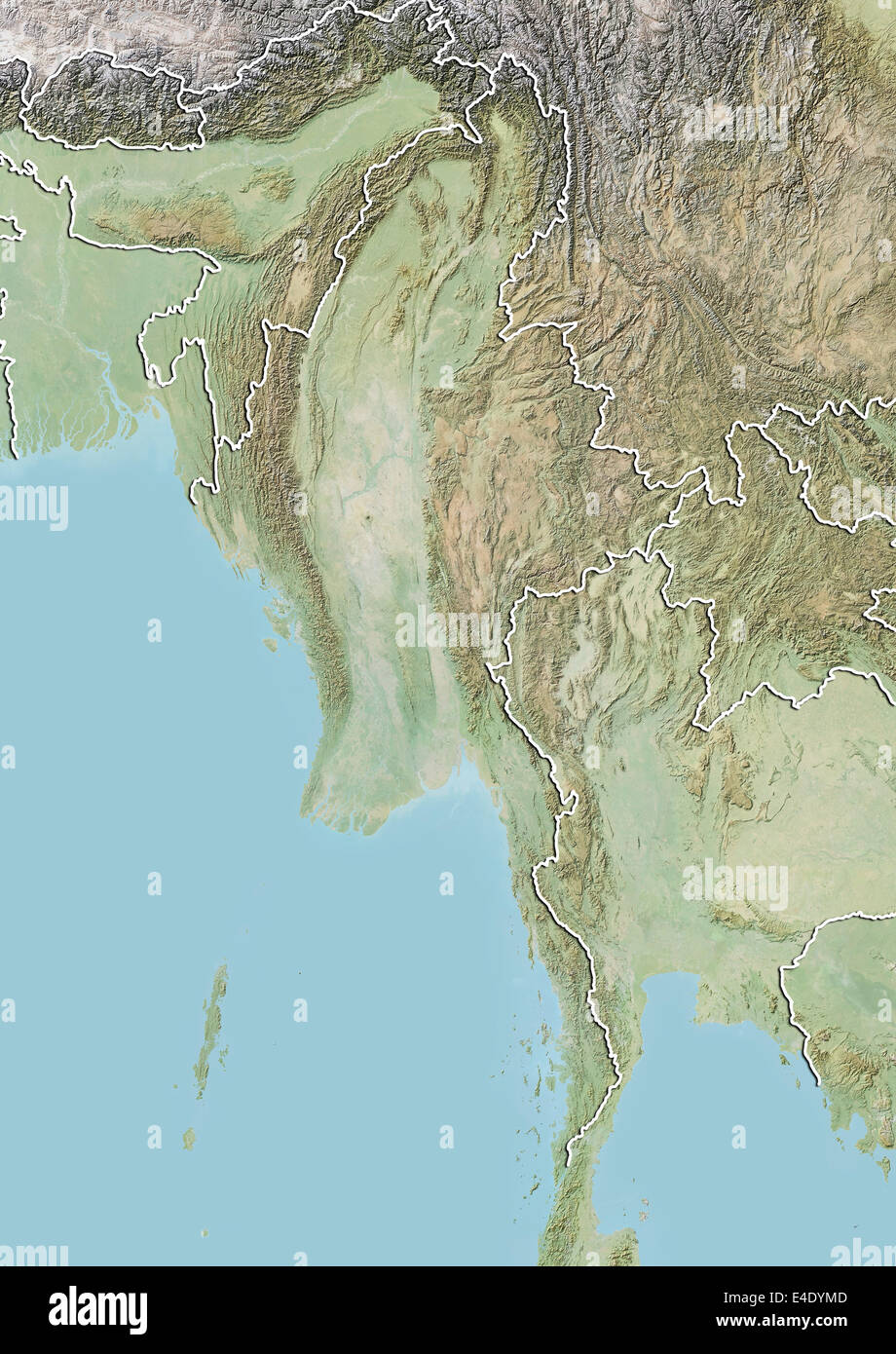Myanmar, Relief Map With Border Stock Photo