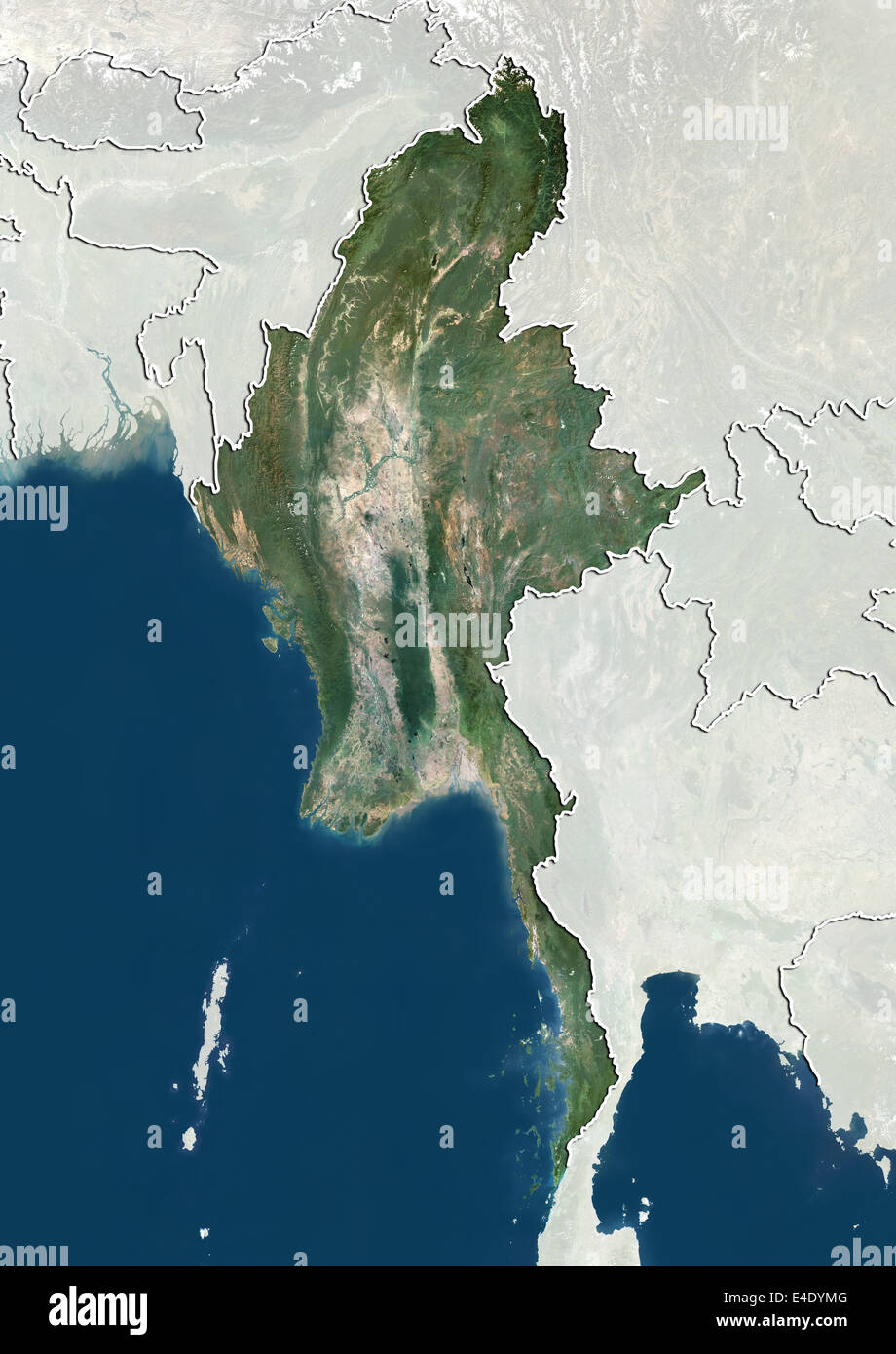 Myanmar, True Colour Satellite Image With Border and Mask Stock Photo