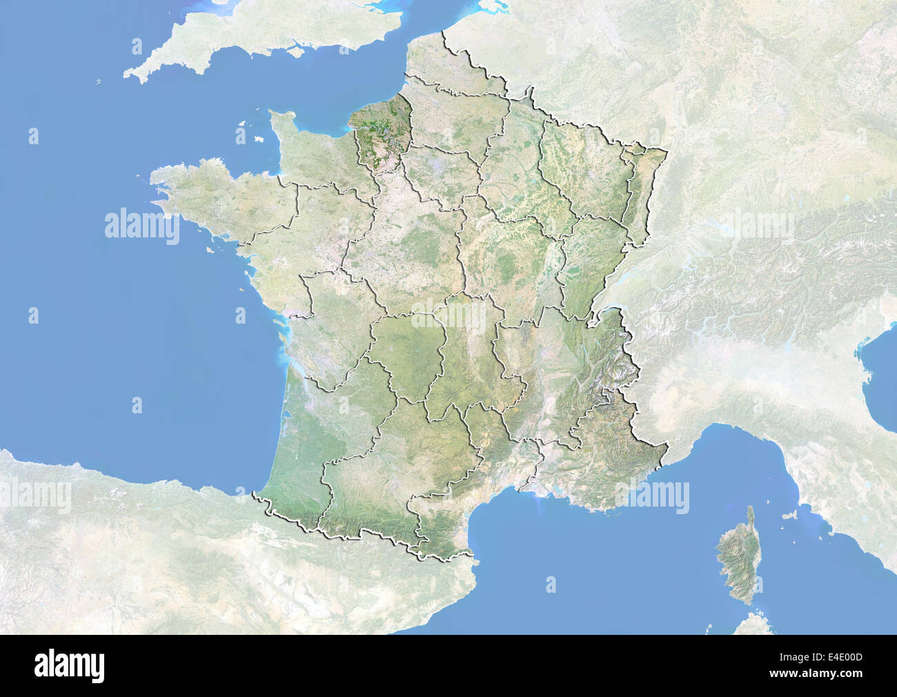 France and the Region of Upper Normandy, Satellite Image With Bump Effect Stock Photo