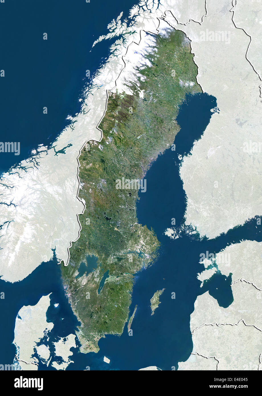 Sweden, True Colour Satellite Image With Border and Mask Stock Photo