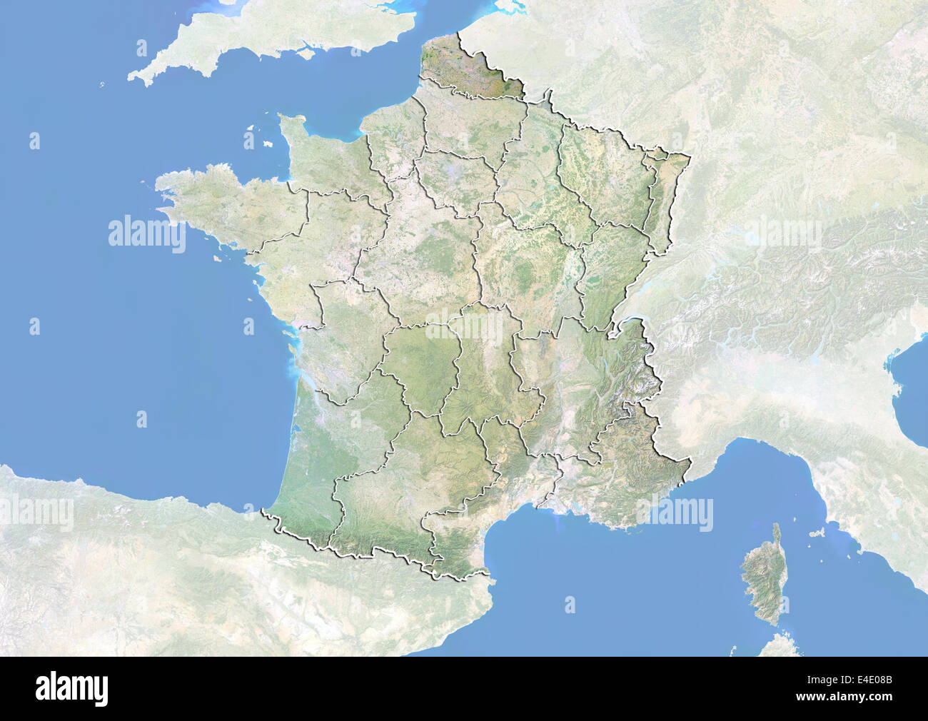 France and the Region of Nord-Pas de Calais, Satellite Image With Bump Effect Stock Photo
