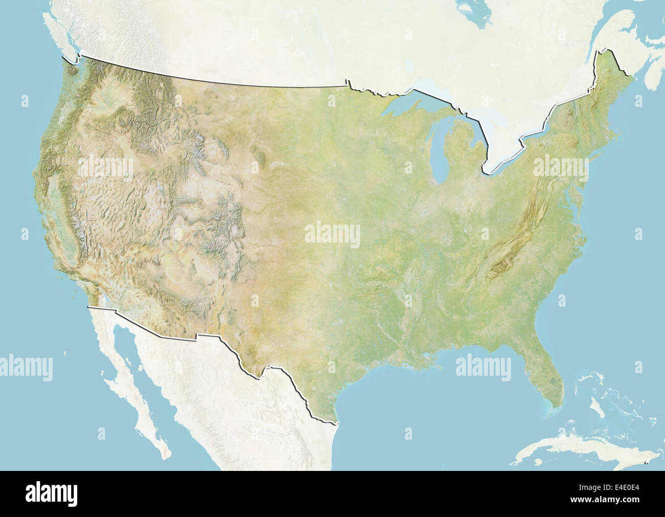 United States, Relief Map with Border and Mask Stock Photo