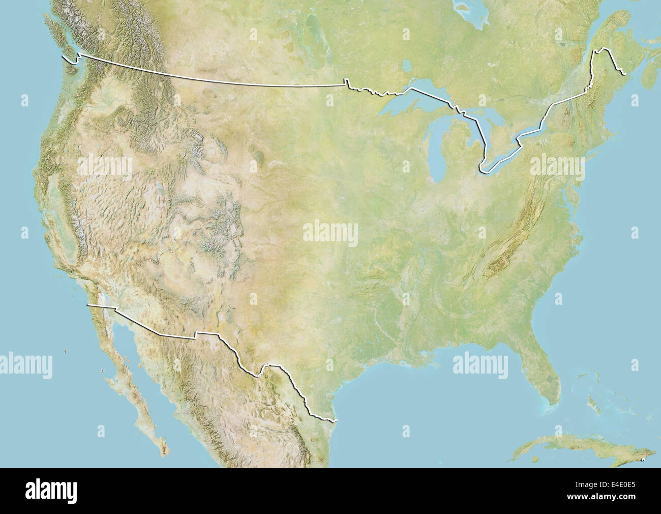 United States, Relief Map with Border Stock Photo