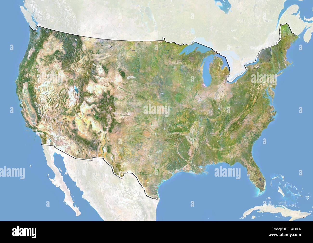 United States, Satellite Image With Bump Effect, With Border and Mask Stock Photo