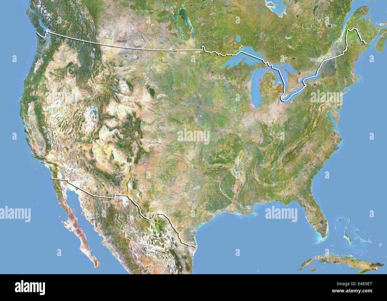 United States, Satellite Image With Bump Effect, With Border Stock Photo