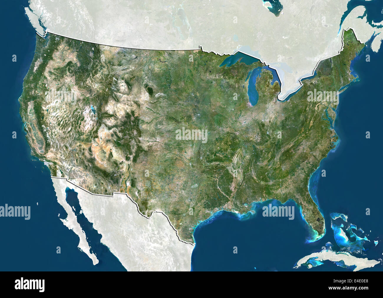 United States, True Colour Satellite Image With Border and Mask Stock Photo