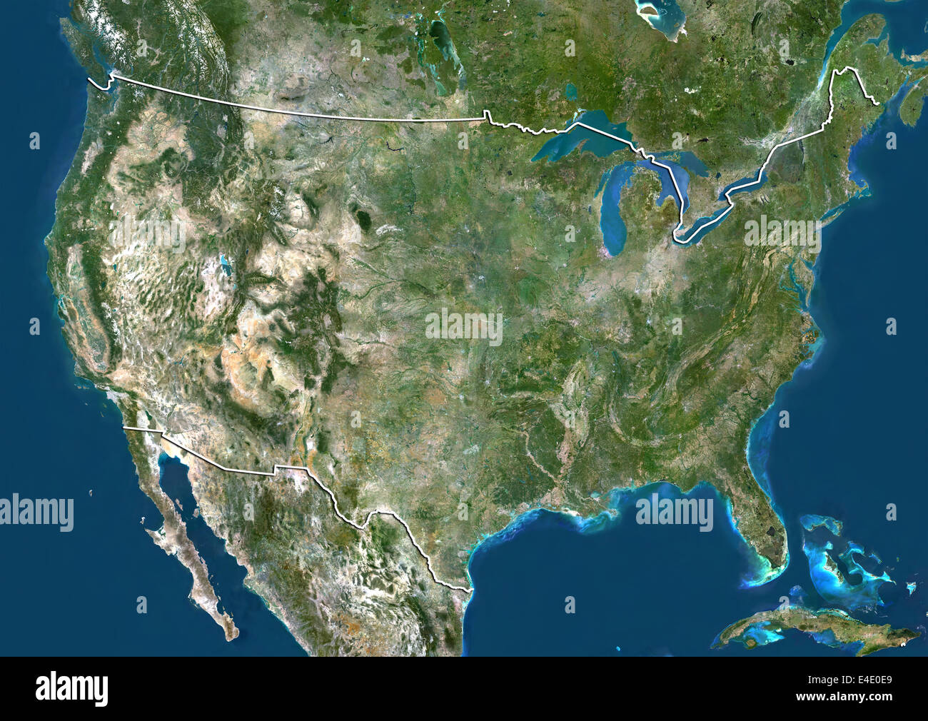 United States, True Colour Satellite Image With Border Stock Photo