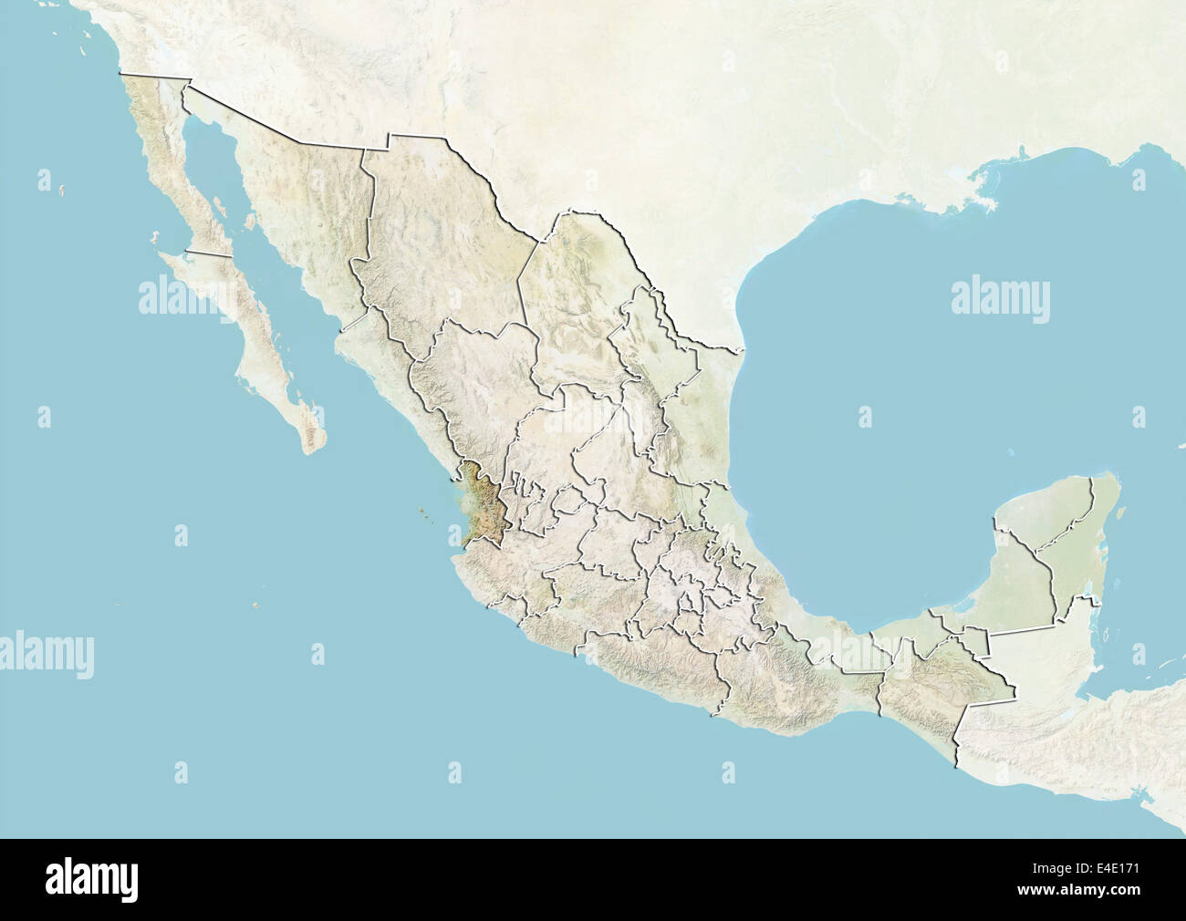 Mexico and the State of Nayarit, Relief Map Stock Photo