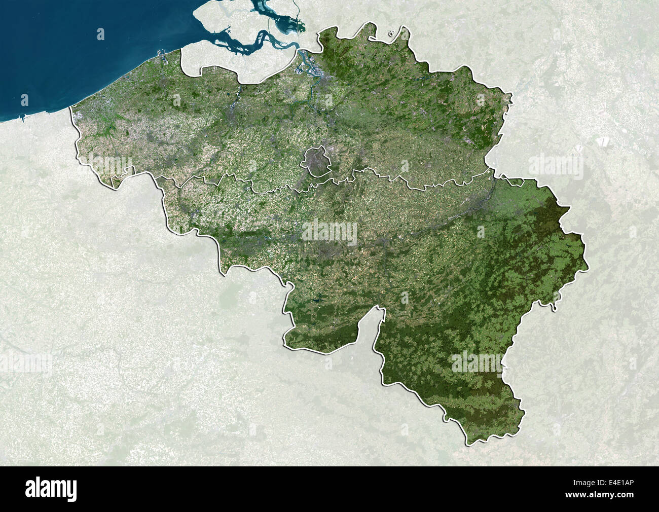 Belgium, True Colour Satellite Image With Boundaries of Regions Stock Photo