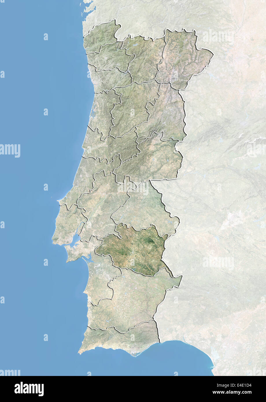 Portugal and the District of Evora, Satellite Image With Bump Effect Stock Photo