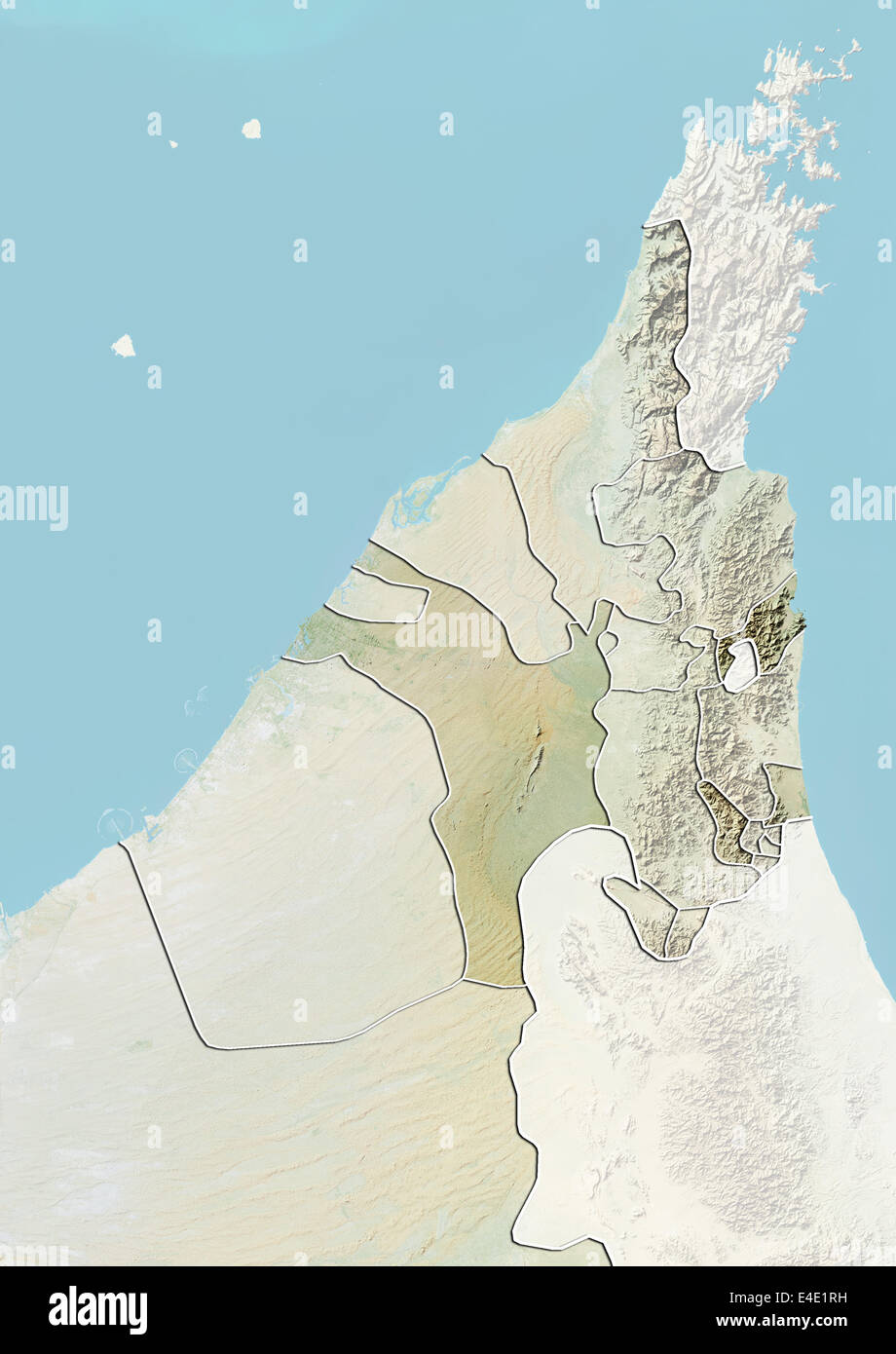 The Emirate of Sharjah and Northern UAE, Relief Map Stock Photo