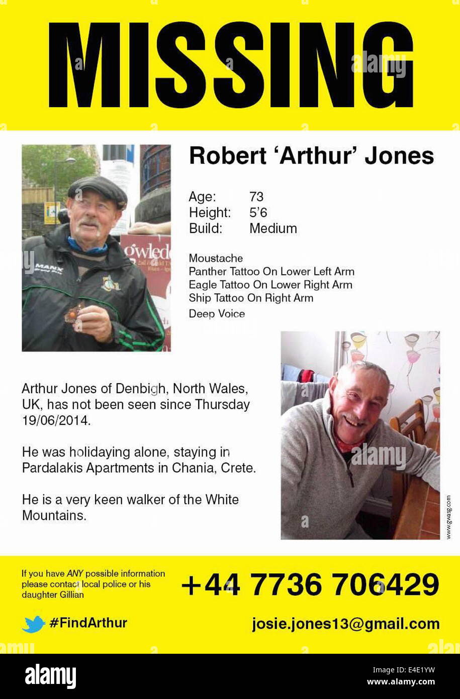 Chania, Crete, Greece. 8th July 2014. Tuesday 08 July 2014, Chania, Crete,  Greece. Pictured:A missing poster for 73 year old Robert Arthur Jones. Re:  The family of Denbigh pensioner missing on holiday