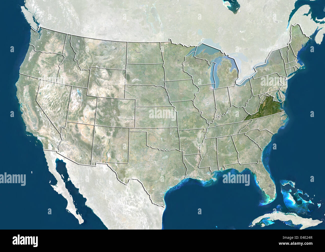 United States and the State of Virginia, True Colour Satellite Image