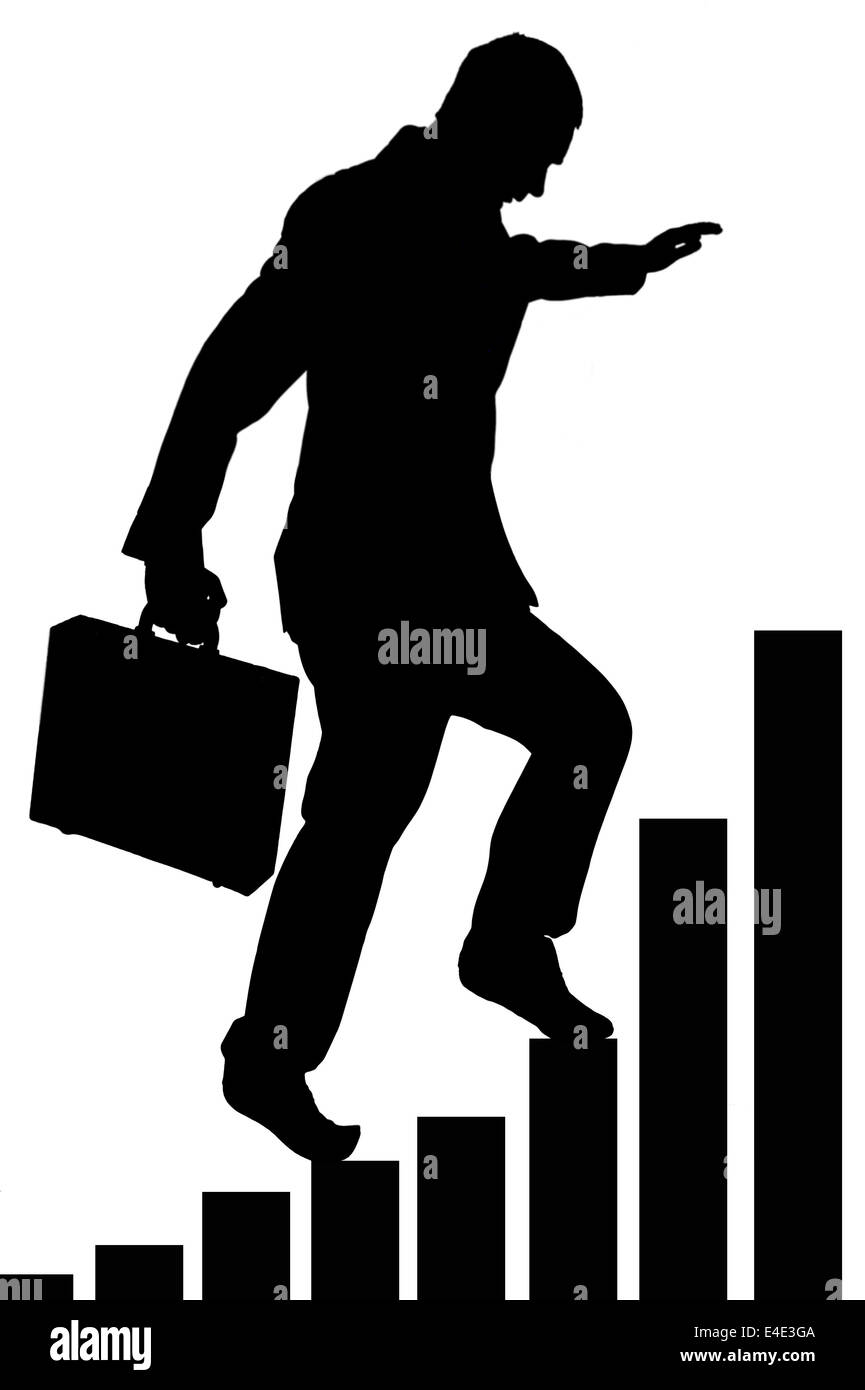 business growth success concept - businessman climbing a successful bar chart isolated on white Stock Photo