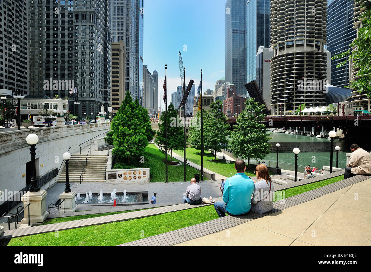Visitors to the Chicago War Memorial along the Riverwalk. Stock Photo