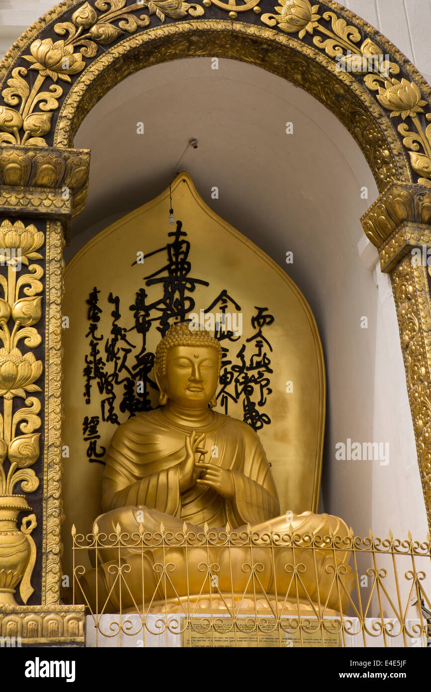Nepal, Pokhara, Ananada Hill, Shanti Stupa, World Peace Pagoda, golden Buddha statue Stock Photo