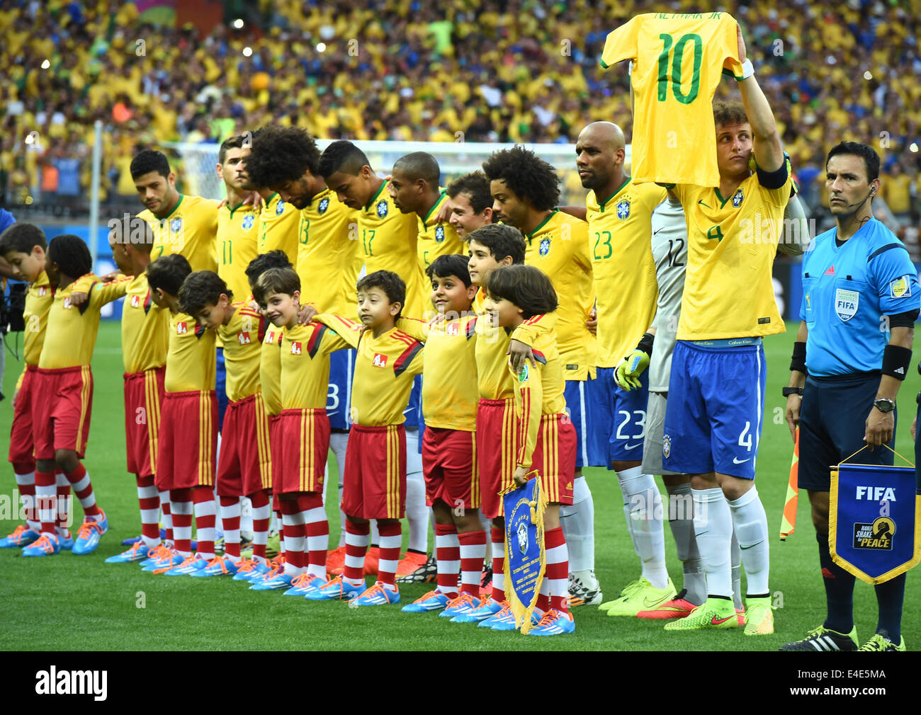 Belo Horizonte Brazil 08th July 2014 Brazil S David Luiz Holds A Jersey Of Injured Team Mate Neymar Prior To The Fifa World Cup 2014 Semi Final Soccer Match Between Brazil And Germany At