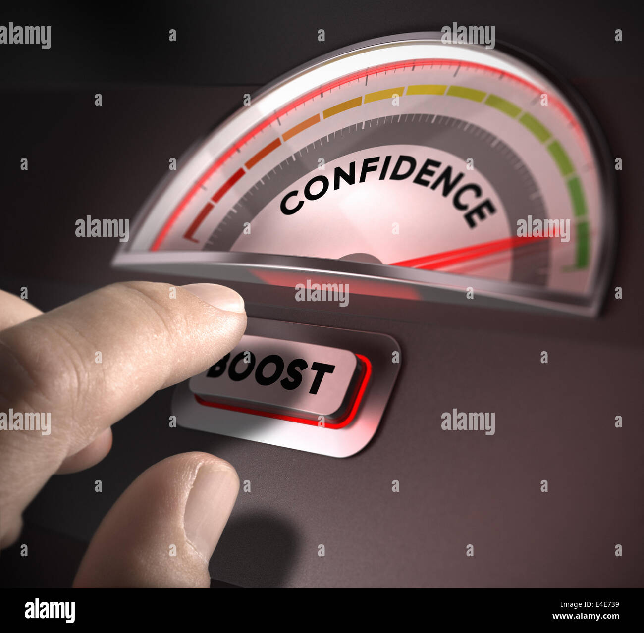 confidence indicator dial, index and boost button over a dark background. Illustration of self-confidence or esteem Stock Photo