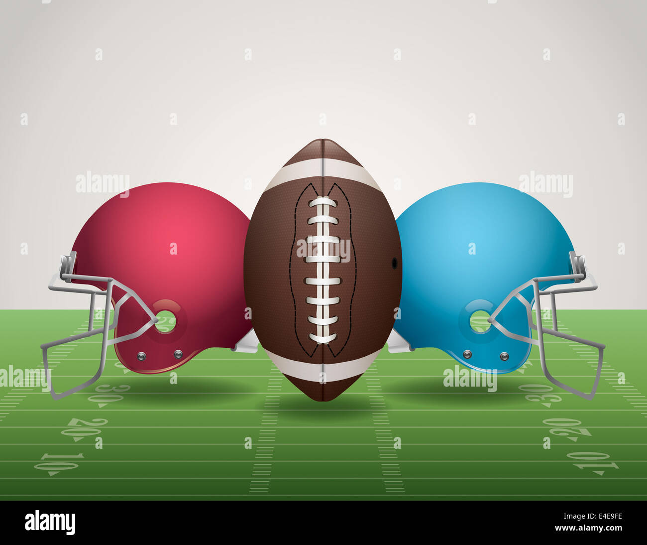 An illustration of an American Football field, football, and helmets. Stock Photo
