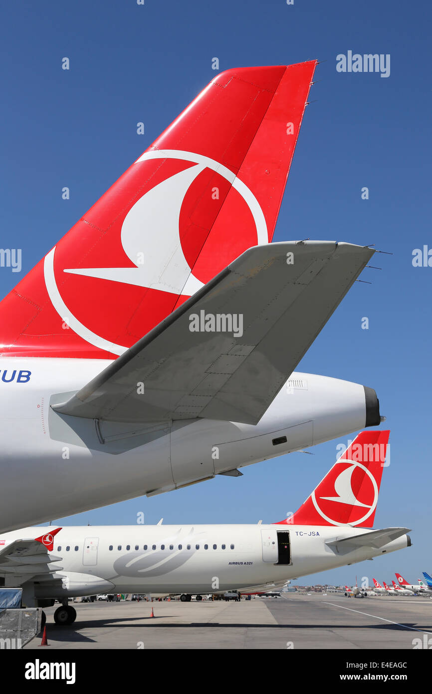Istanbul, Turkey May 15, 2014 Tails of Turkish Airlines airplanes at Istanbul Atatürk