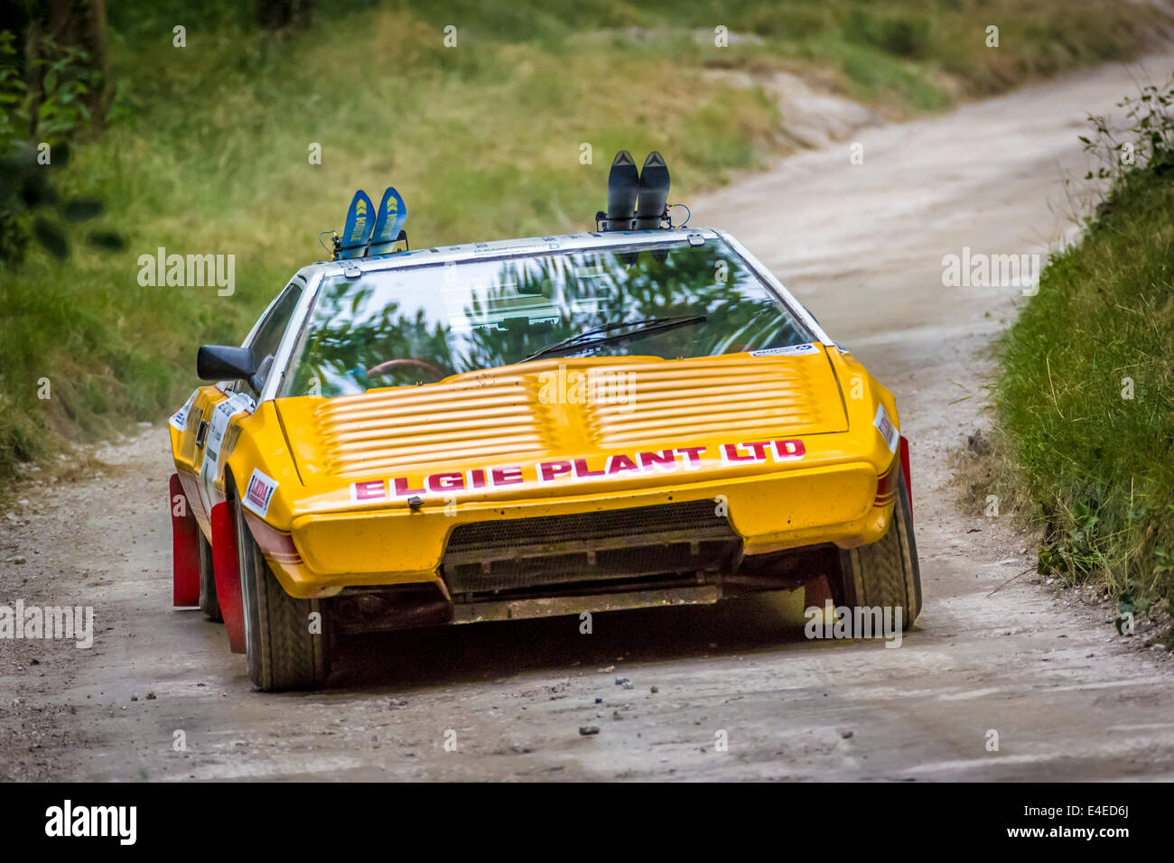 1972 Lotus Esprit complete with skis, driver Neil Maynard on the rally stage at the 2014 Goodwood Festival of Speed, Sussex, UK Stock Photo
