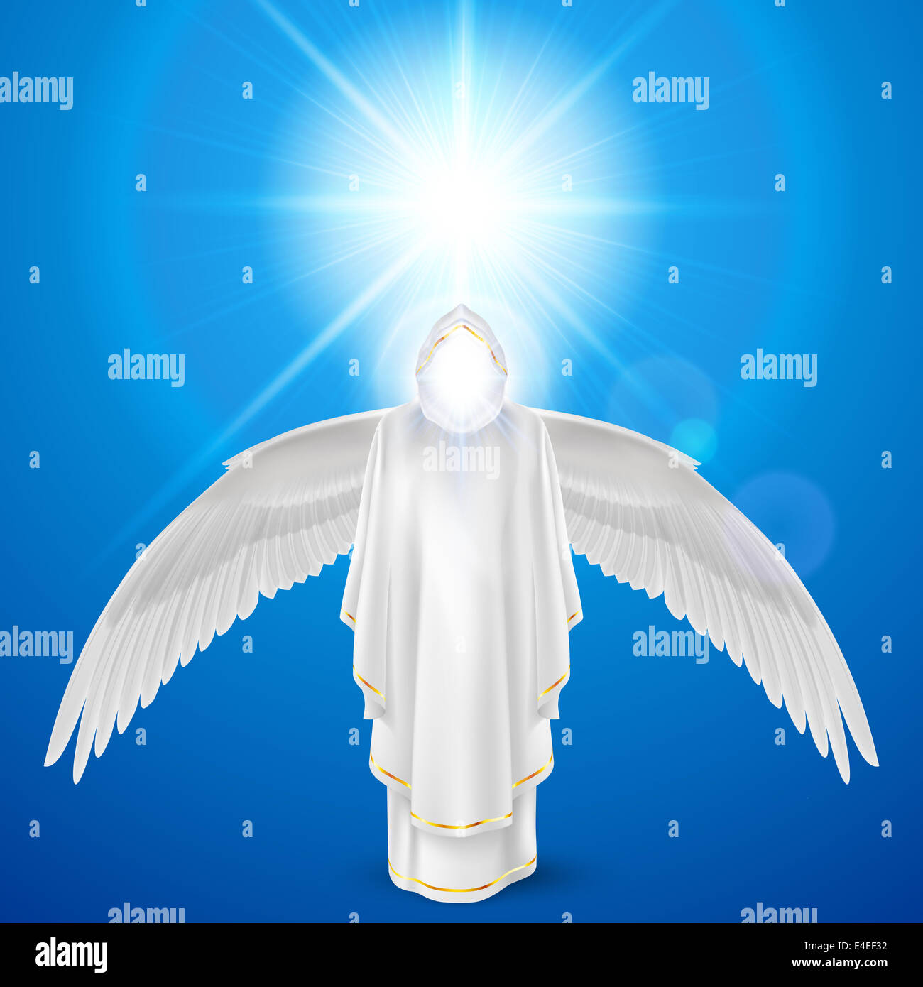 Gods guardian angel in white dress with wings down against sky