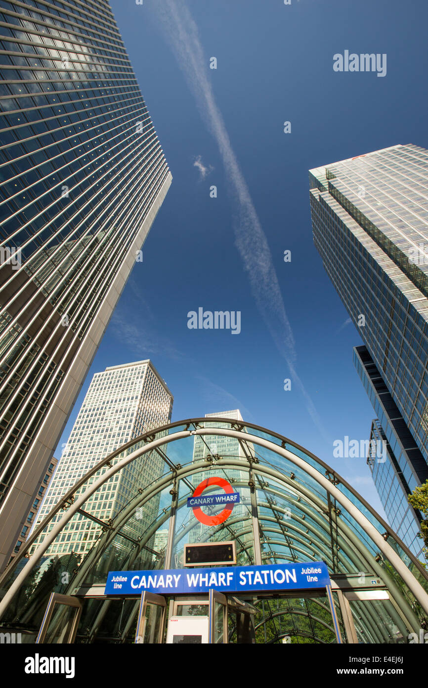 Banks in Canary Wharf, London, UK and the Canary Wharf Docklands Light Railway station. Stock Photo