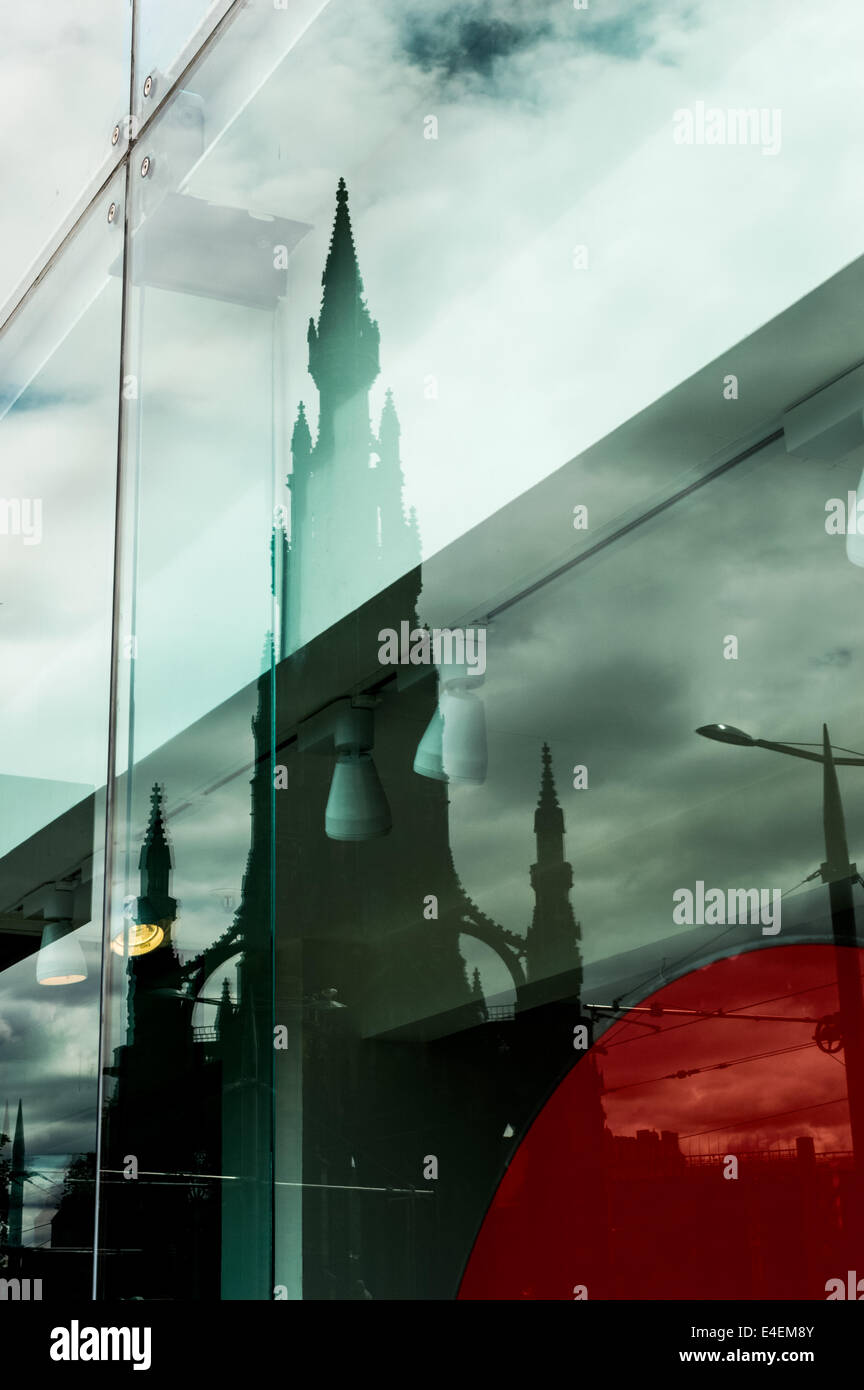 The Scott Monument reflected in a shop window on Princes Street, Edibnurgh Stock Photo