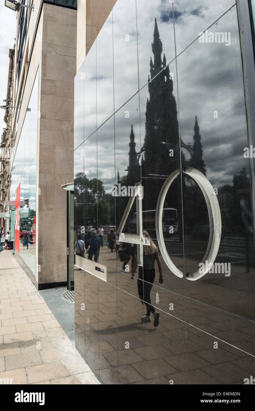 The Scott Monument reflected in a shop window on Princes Street, Edibnurgh Stock Photo