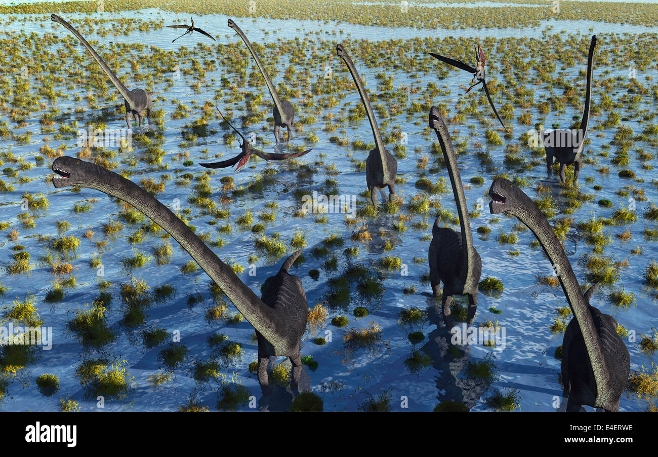 A Herd Of Omeisaurus Sauropod Dinosaurs. Stock Photo