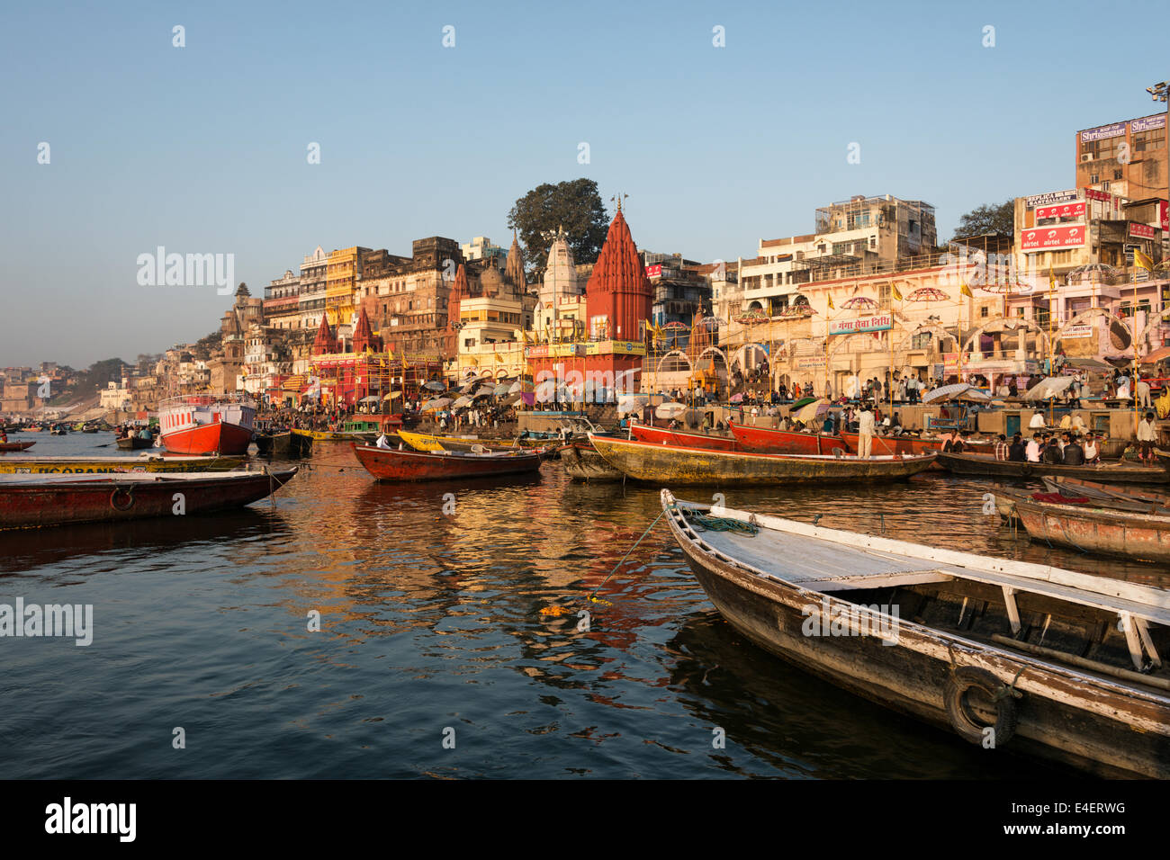 Ghats of ancient city of Varanasi seen from the holy river Ganges. Stock Photo