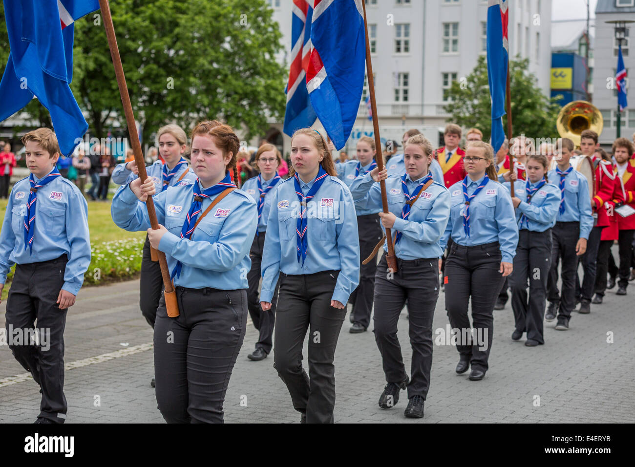 Scouts parading with Icelandic Flags. June 17th-Iceland's Independence Day, Reykjavik, Iceland Stock Photo