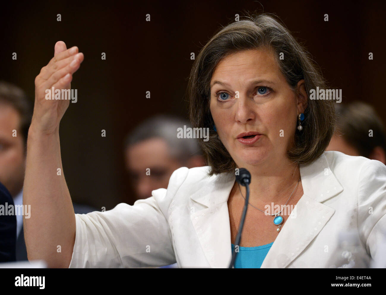 (140710) -- WASHINGTON D.C., July 10, 2014 (Xinhua) -- Assistant Secretary of State for European and Eurasian Affairs Victoria Nuland testifies before the Senate committee on foreign relations hearing to examine Russia and developments in Ukraine on Capitol Hill in Washington D.C., the United States, July 9, 2014. (Xinhua/Yin Bogu) (zjl) Stock Photo