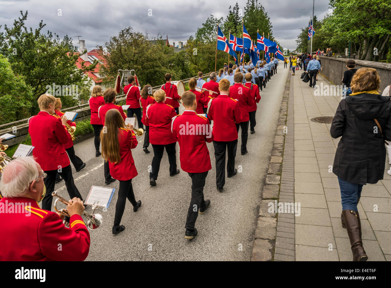 Marching band and Scouts parade during June 17th, Iceland's Independence Day, Reykjavik, Iceland Stock Photo