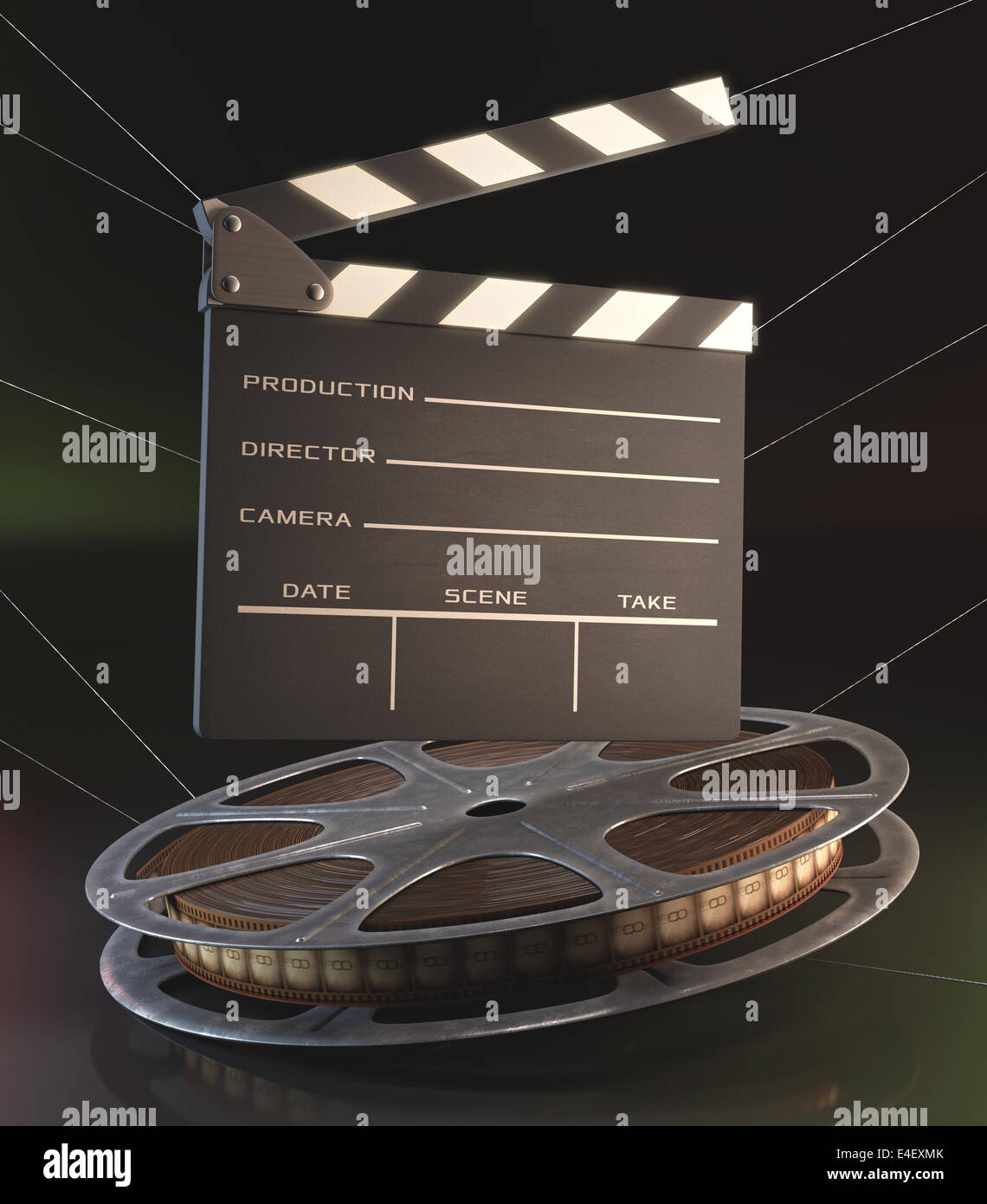 Clapperboard and roll of film in the retro concept cinema. Stock Photo
