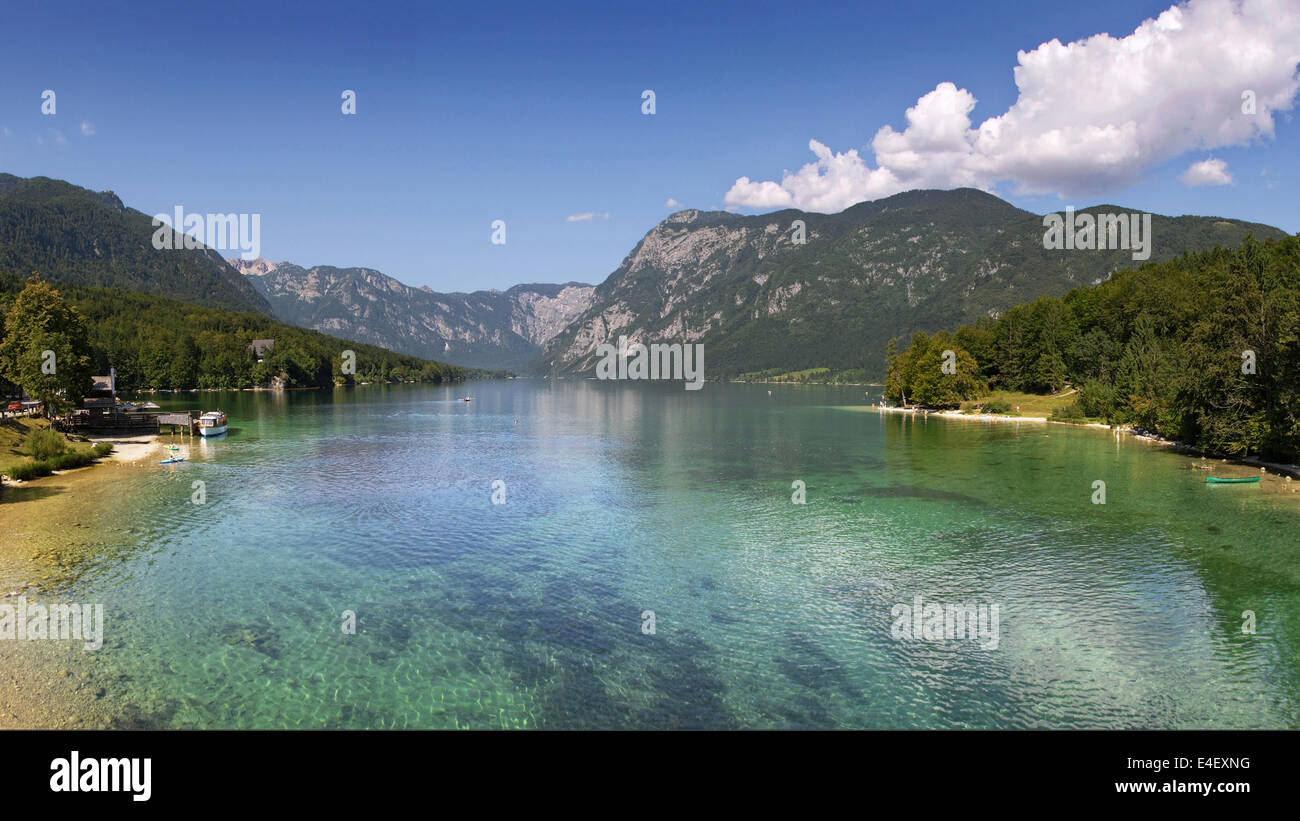 Crystalline waters of the lake Bohinj in summer, Slovenia. Stock Photo