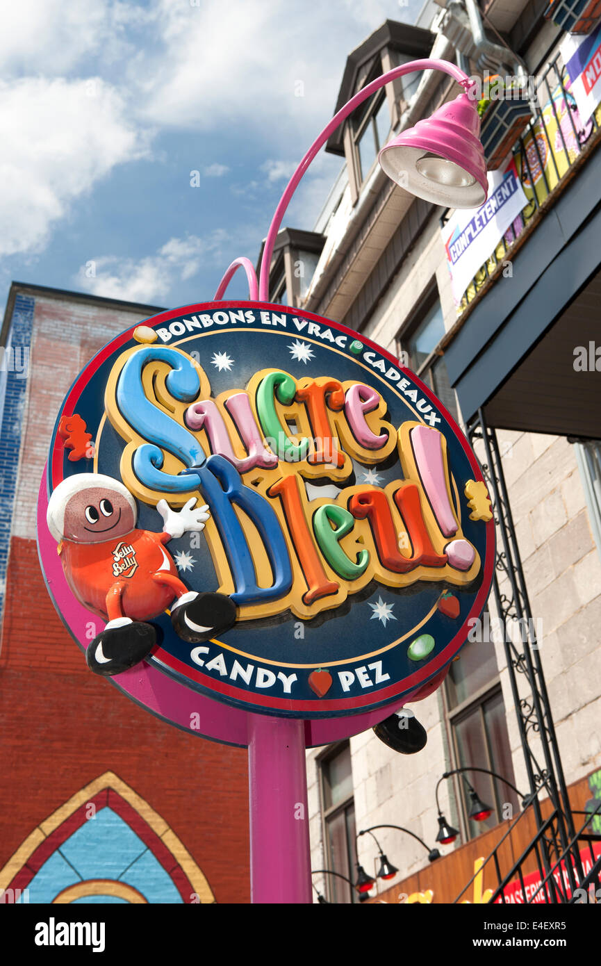 Colorful sign for an a candy store in Montreal, province of Quebec, Canada. Stock Photo